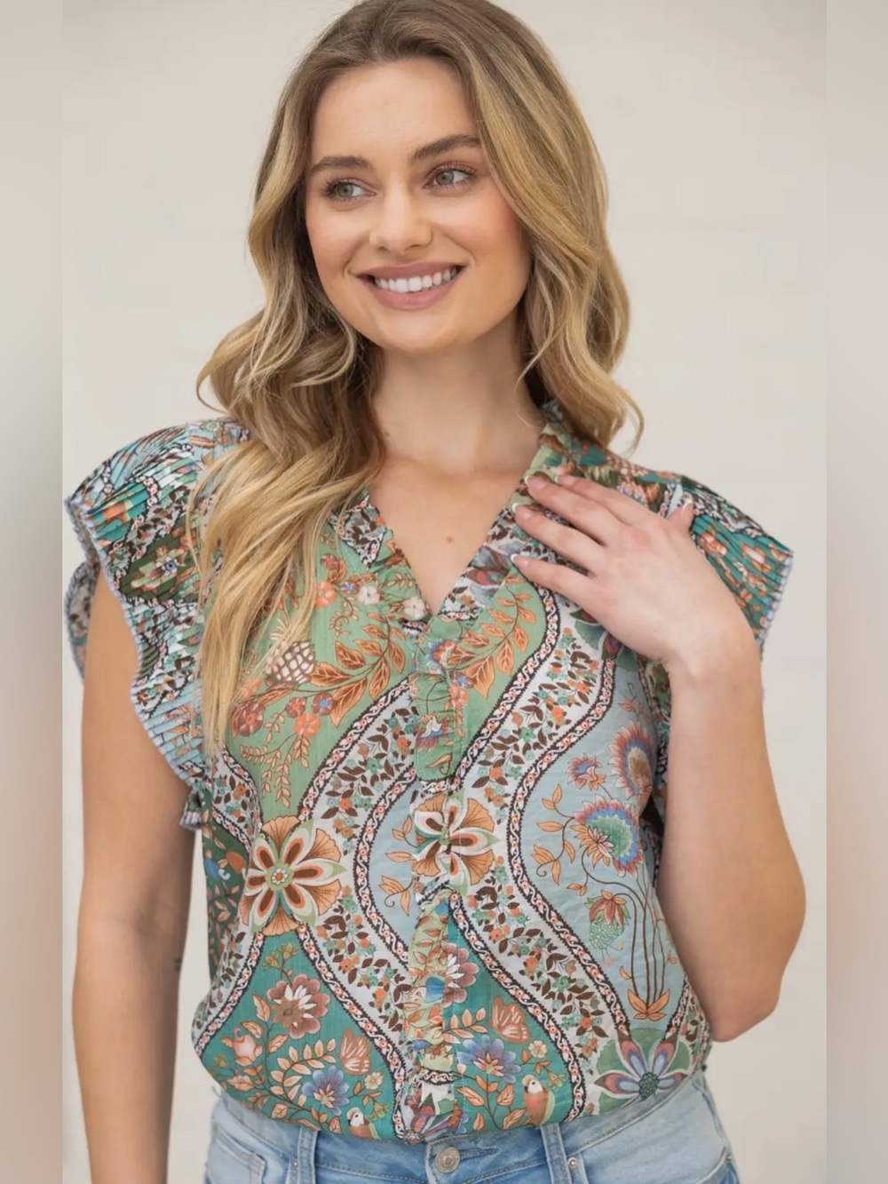 Green Floral Paisley V-Neck Ruffle Sleeve Blouse